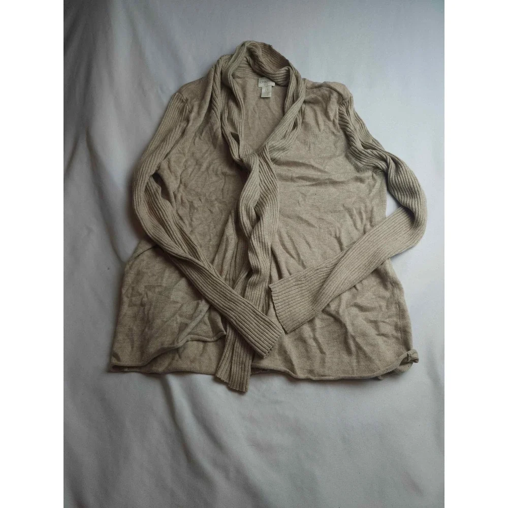 Chicos Beige Ruffle Open Front Cardigan Tan Shawl Collar Ribbed Sleeve Size 0